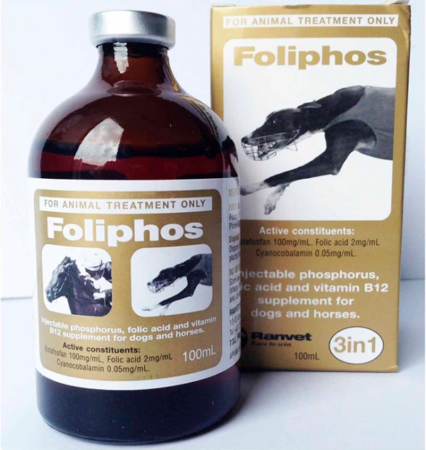 Foliphos 100ml, Foliphos Injection, Foliphos, Foliphos Injection, After Race Recovery, Anaemia, Dull Coat, Energy Supplement, Greyhound, Greyhound Supplement, Recovery, Appetite, Fatigue, Stamina,