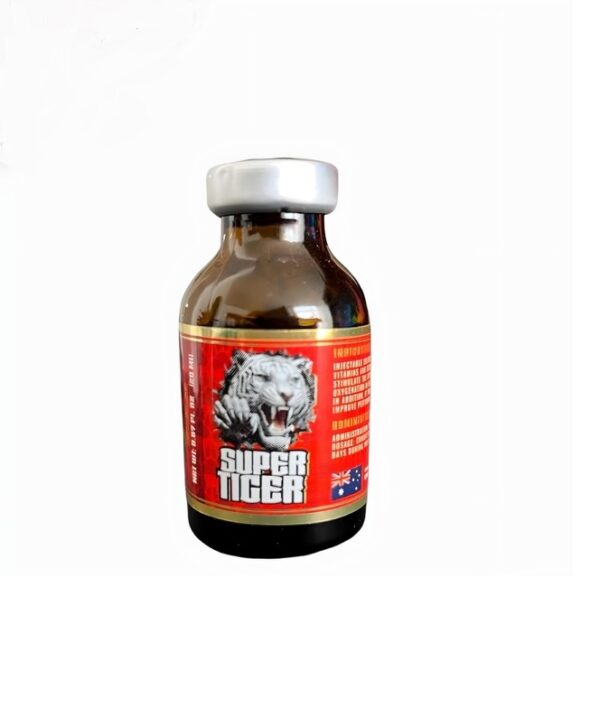 Super Tiger 20ml Super Tiger 20ml veterinary injection is a potent and effective medication used to treat a range of parasitic infestations in animals. It contains a combination of active ingredients that work together to target and eliminate internal parasites, including fleas, ticks, lice, and mites. Composition: Super Tiger 20ml injection contains the following active ingredients: Pyrethrin: A botanical insecticide that disrupts the nervous system of parasites, ultimately leading to their death. Piperonyl Butoxide: A synergist that enhances the effectiveness of pyrethrin and other insecticides. Fenthion: An organophosphate that targets and kills a wide range of parasites, including ticks, lice, and mites. Indications: Vitamin for exclusive use in exhibition birds that helps: Muscle recovery Reduces fatigue Increased oxygenation Stimulates appetite Increased energy Increased vigor Super Tiger 20ml injection is indicated for the treatment of: * Flea and tick infestations * Lice and mite infestations * Internal parasites, including hookworms, roundworms, and tapeworms Dosage and Administration: Dosing: Administer a single dose of 2-5 mL per 10 kg body weight, as recommended by the veterinarian. Administration: Inject via the intramuscular or subcutaneous route. Frequency: Repeat dosing may be necessary to ensure complete elimination of parasites. Safety Precautions: Contraindications: Avoid administering Super Tiger 20ml injection to animals with known hypersensitivity to pyrethrin, piperonyl butoxide, or fenthion. Cautions: Use with caution in animals with liver or kidney disease, as fenthion may accumulate in these organs. Adverse Reactions: May cause drowsiness, tremors, or salivation in some animals. If adverse reactions occur, discontinue use and consult a veterinarian. Storage and Handling: Storage: Store in a cool, dry place, away from direct sunlight. Handling: Wash hands thoroughly after handling the injection. Dispose of unused portions according to local regulations. Disclaimer: Always consult a veterinarian before administering Super Tiger 20ml solution or any other medication to your pets. Proper diagnosis and treatment are essential for the health and well-being of your animals.