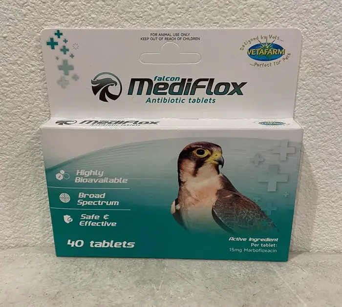 Falcon MediFlox, Marbofloxacin 15mg, Veterinary antibiotics, Bacterial infection treatment in animals, Broad-spectrum antibiotics for animals, Animal health solutions, Veterinary medicine, Animal infection treatment, Antibiotics for raptors,